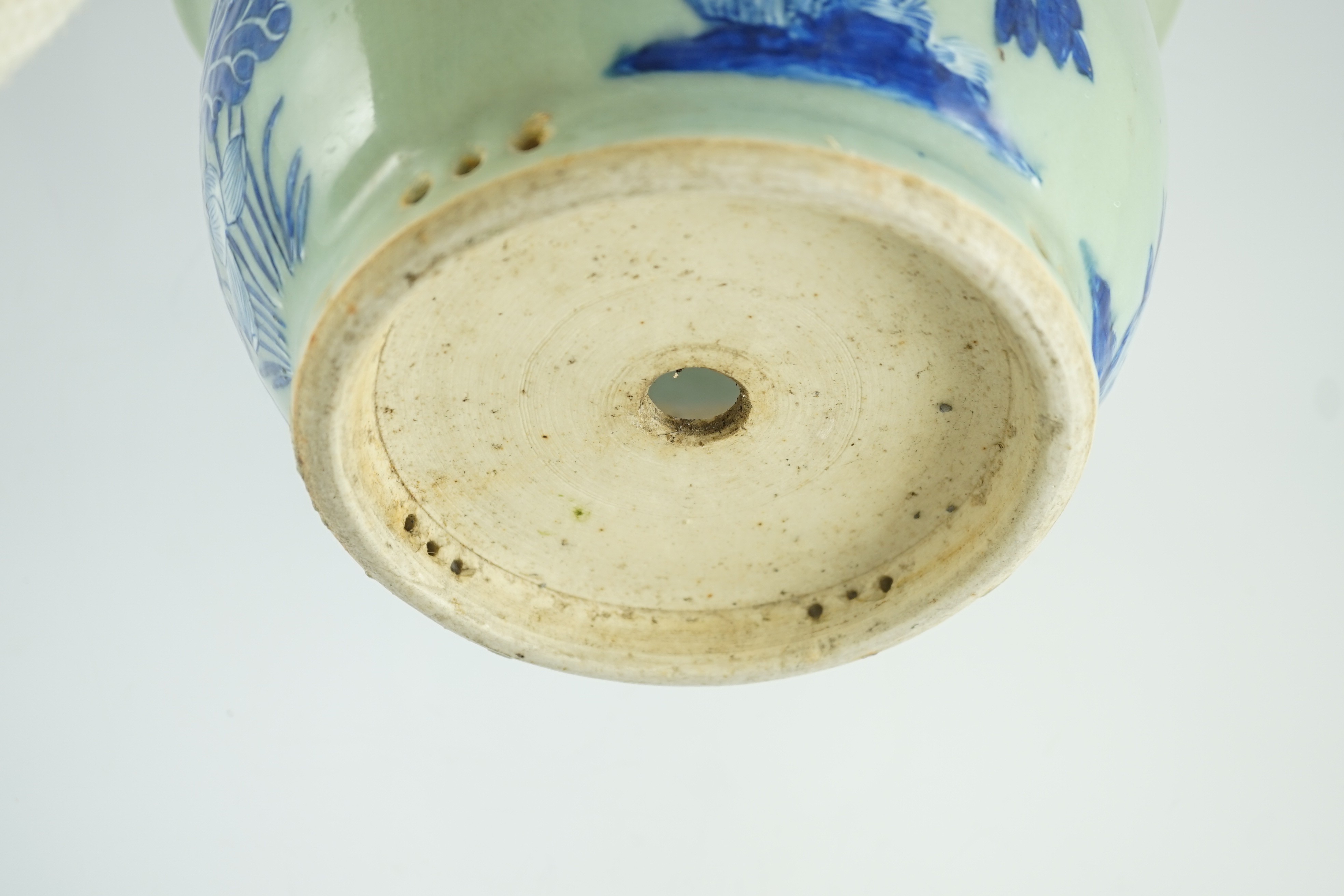 A Chinese blue and white celadon ground flower pot, late 19th century, 27.5cm diameter